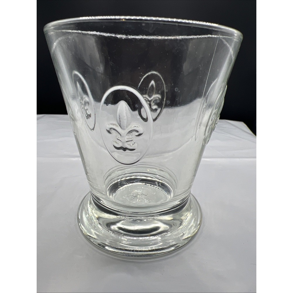 La Rochere France Fleur-De-Lis Tumbler 4" Clear Glass Cup EUC Embossed Lowball